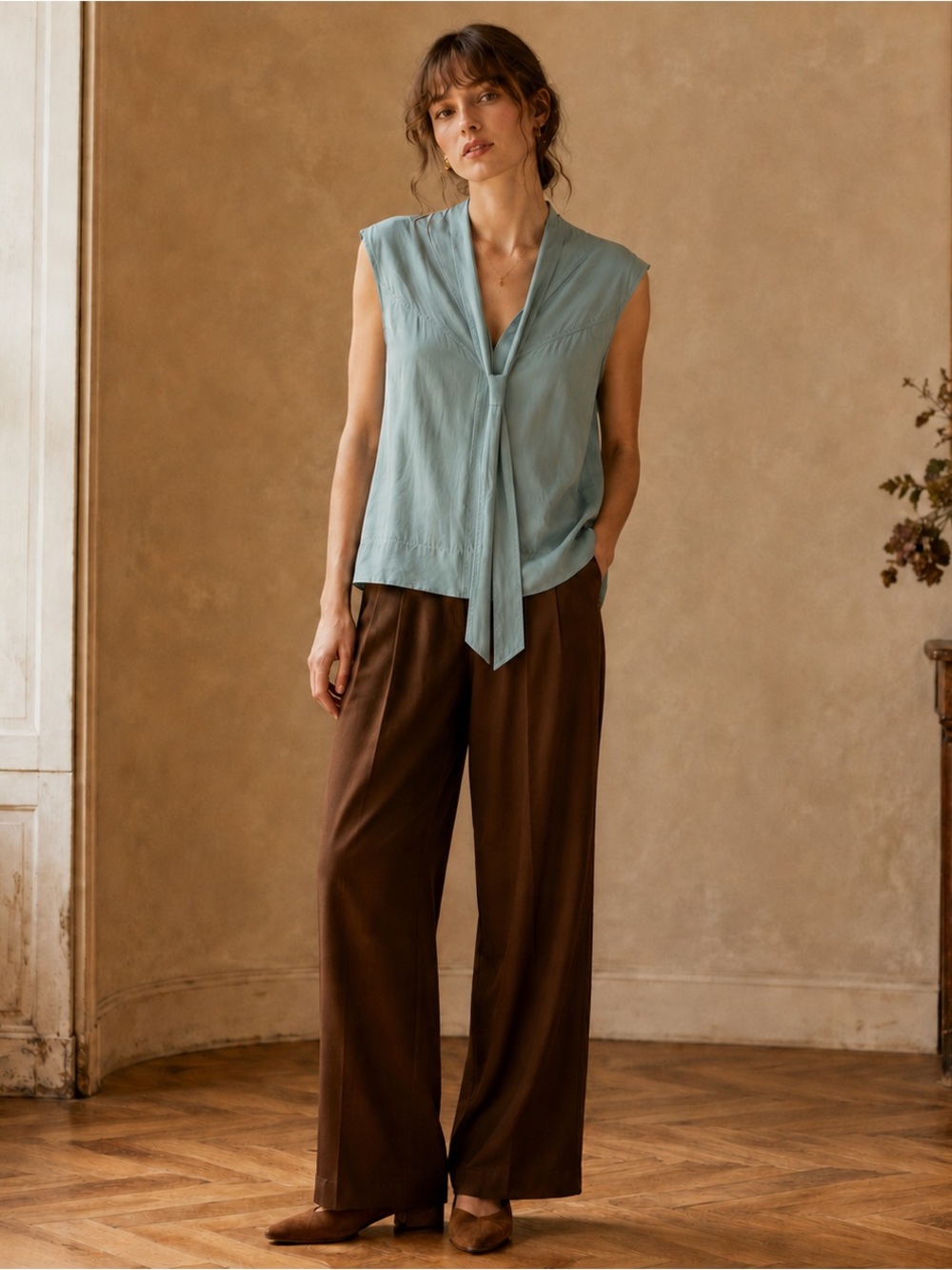 St. John Silk Tie-Neck Sleeveless Blouse Light Teal